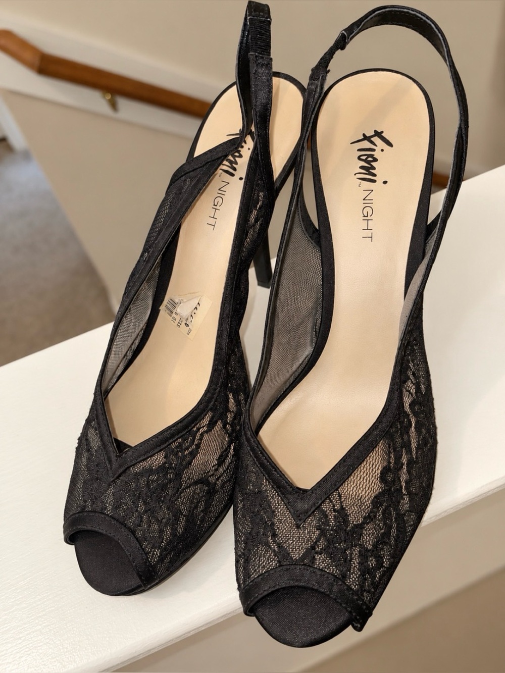 FIONI Clothing Black Lace Peep-Toe Slingback Heels